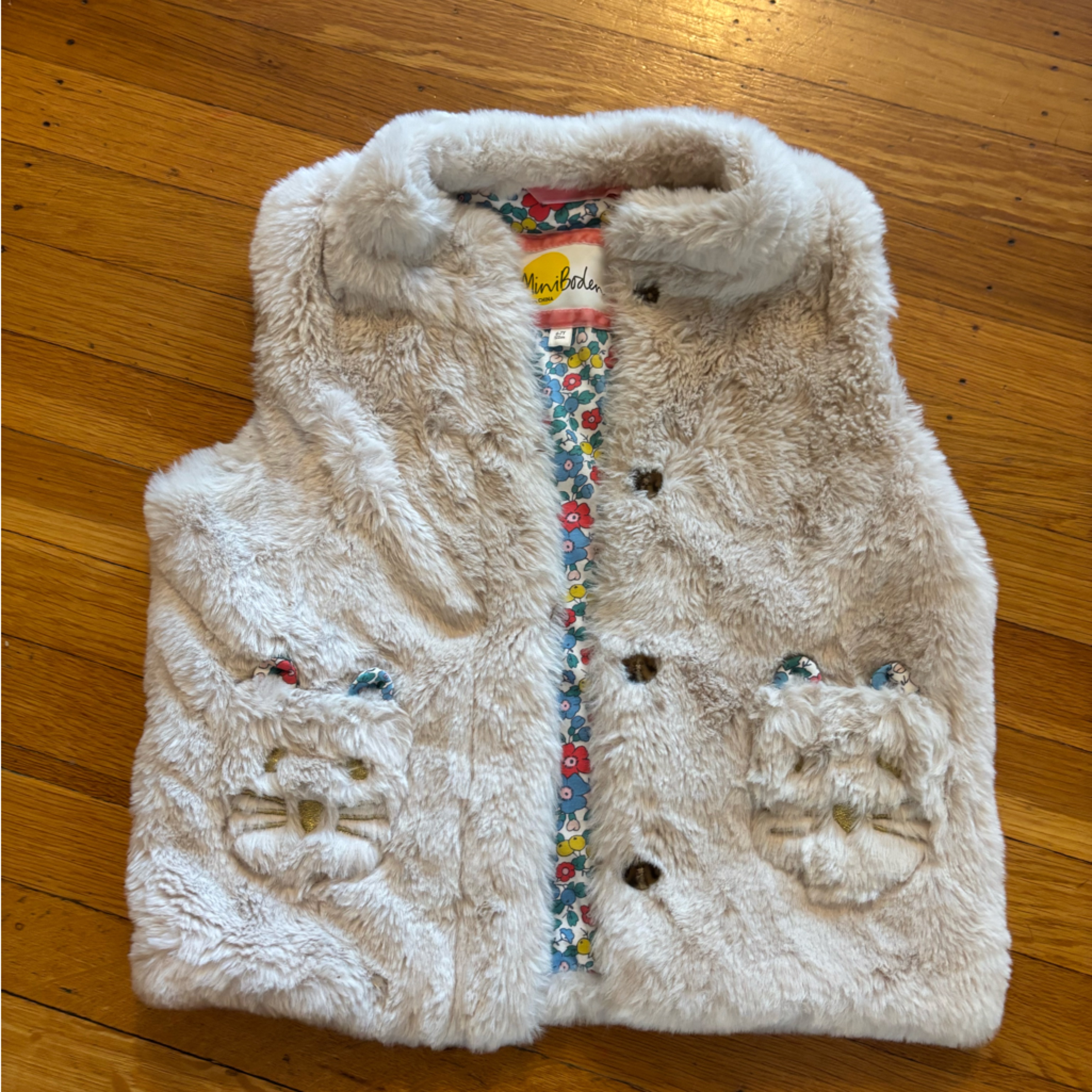 Mini Boden Furry Vest With Colorful Floral Accents And Kitty Pockets